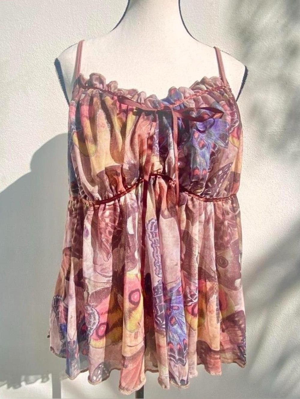 Y2K EURO Fairy Brown Multicolor Butterfly Micro Mesh Babydoll Tank Top Size XL